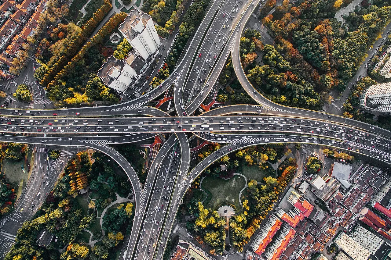 The Yan'an East Road Interchange in Shanghai, China. North is on the right side of photo.