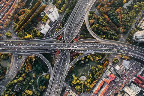 The Yan'an East Road Interchange in Shanghai, China. North is on the right side of photo.