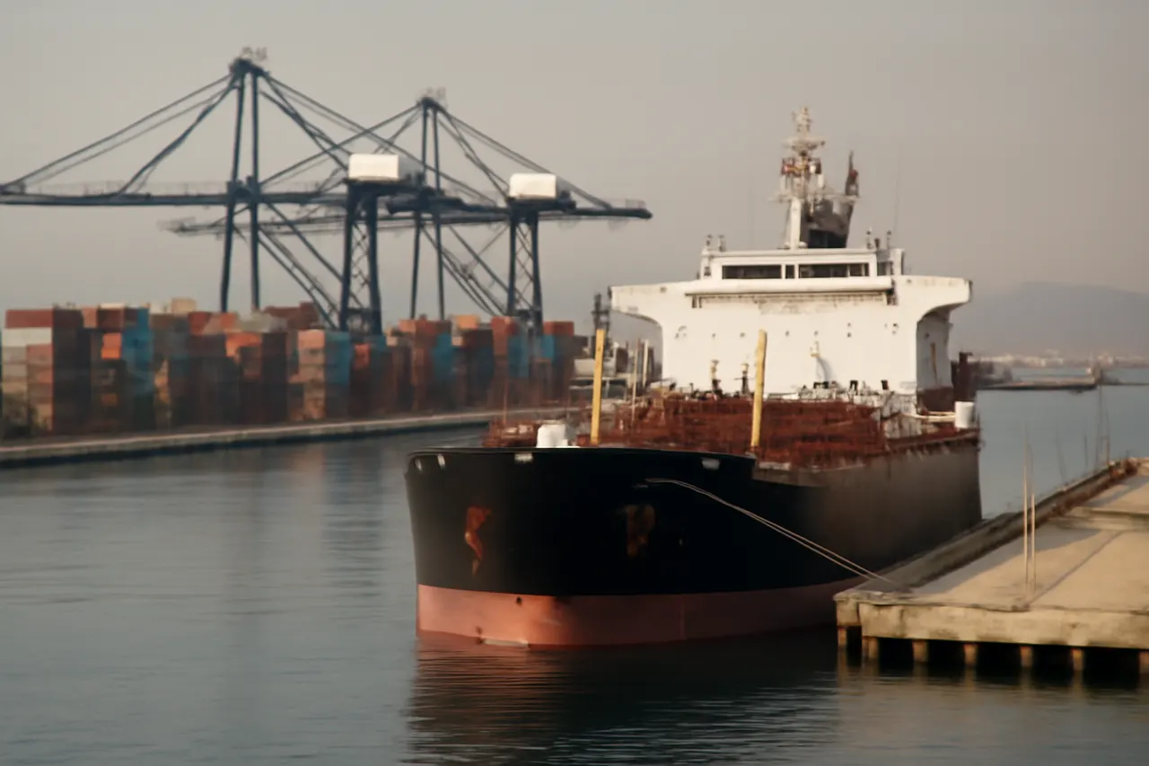 Industrial port worker overlooking bulk-material handling equipment and a cargo vessel.
