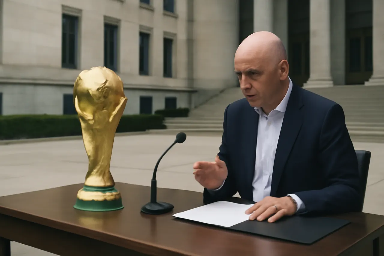 Grounded editorial scene illustrating Gianni Infantino defends the recent World Cup, addressing criticism and controversies including visa issues for Iran and a disciplinary decision involving US player Folarin Balogun.