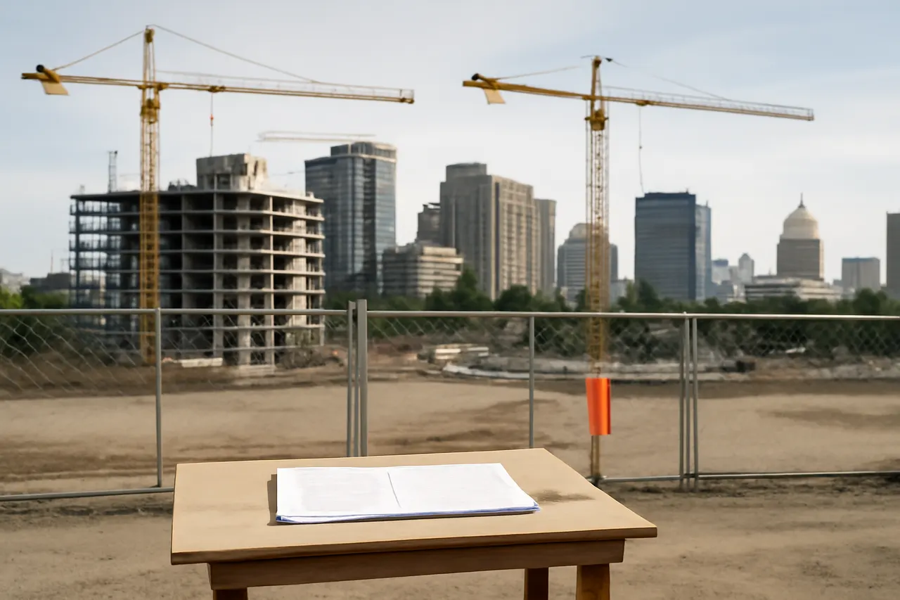 Grounded editorial scene illustrating Local bans and moratoriums on data center construction may hinder U.S. economic growth and national security in the ongoing AI rivalry with China.