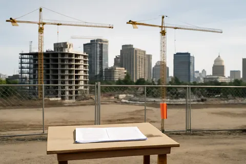 Grounded editorial scene illustrating Local bans and moratoriums on data center construction may hinder U.S. economic growth and national security in the ongoing AI rivalry with China.