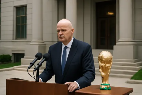 Grounded editorial scene illustrating Gianni Infantino defends the 2026 World Cup as a celebration of unity and joy amid criticism over visa restrictions and disciplinary decisions.