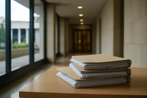 Quiet courthouse or legal-work setting with documents and civic architecture.