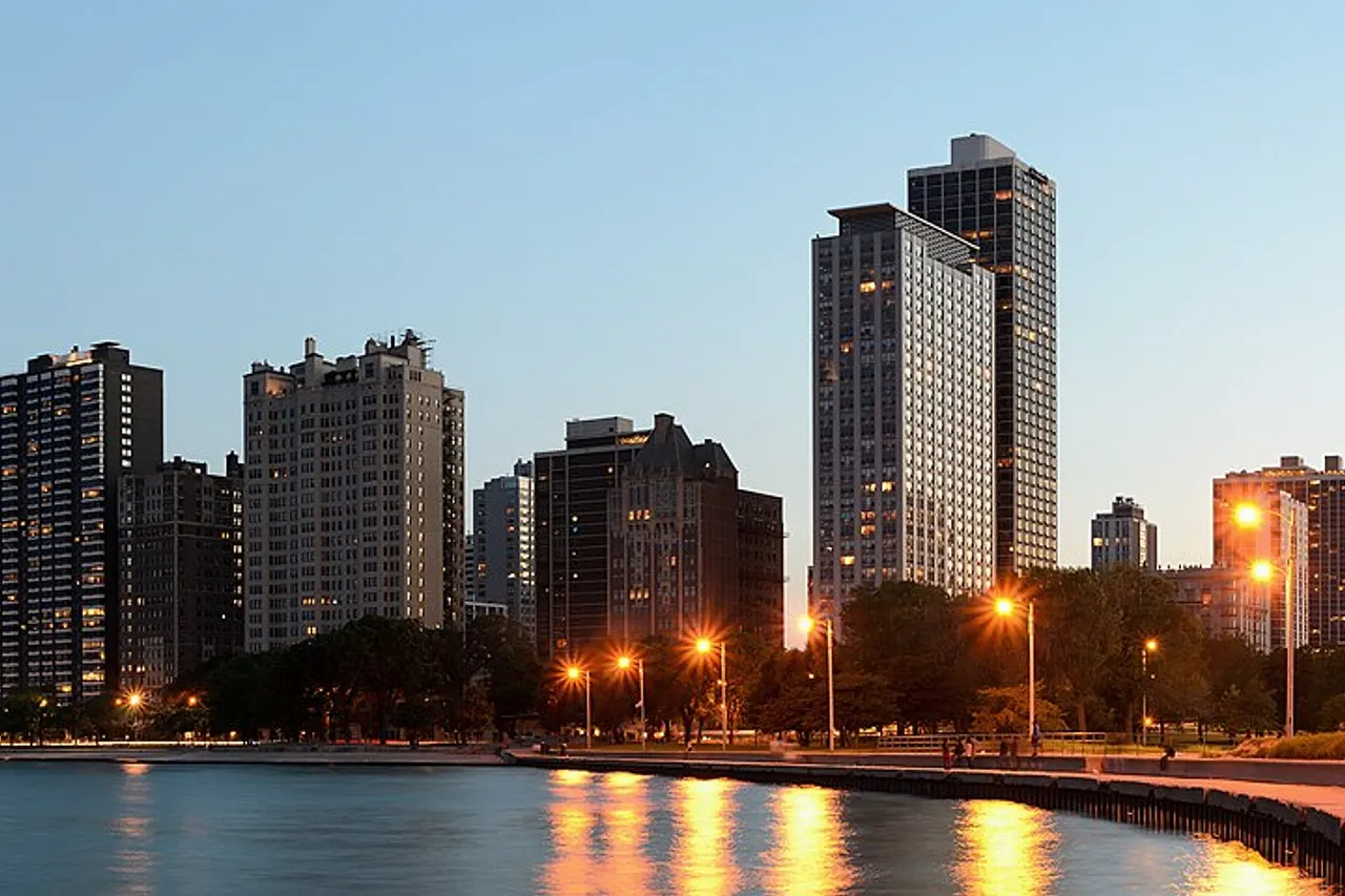 Eight-segment panorama of Chicago , Illinois , as viewed from North Avenue Beach .