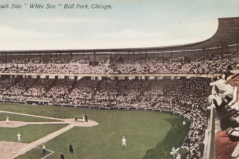 From the University of Maryland Digital Collections website: "Crowds fill the stands at the South Side baseball park, home of the White Sox, as they watch a baseball game, Chicago, Illinois, circa 1907-1913. Postcard number: 506."