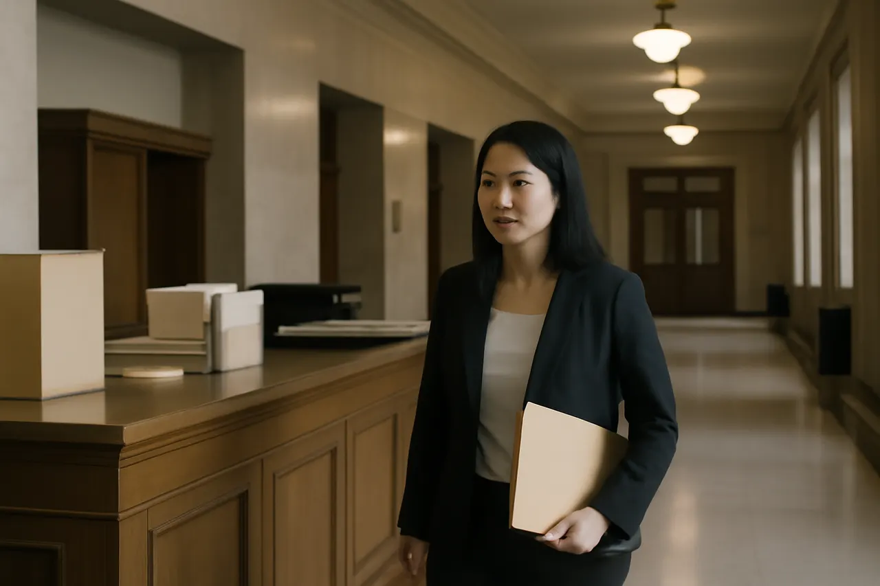 Quiet courthouse or legal-work setting with documents and civic architecture.