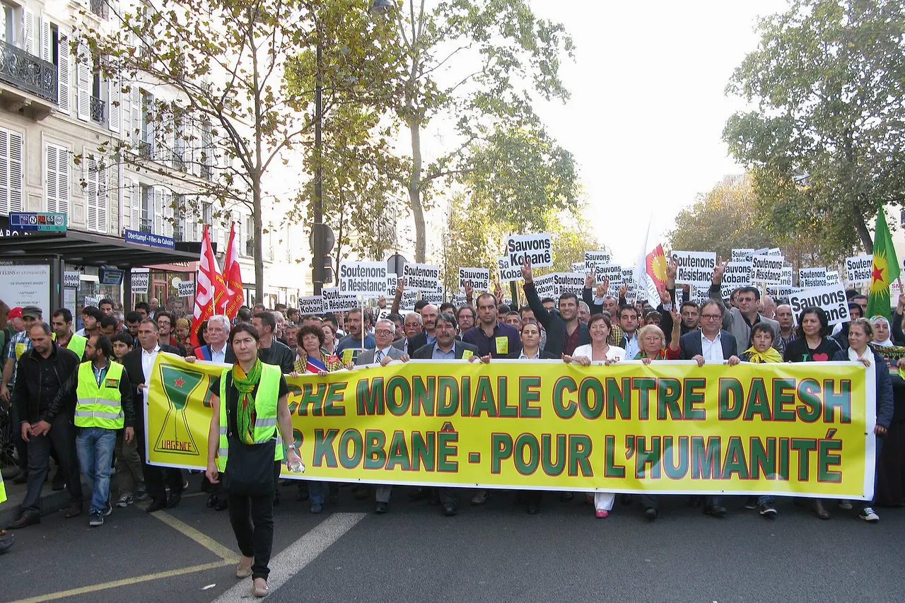 Demonstration at the World Day against Daesh, for Kobanê, for Humanity, conducted by the Kurdish democratic council of France and other organizations, 1 November 2014, Beaumarchais boulevard in Paris.