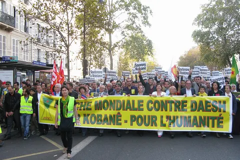Demonstration at the World Day against Daesh, for Kobanê, for Humanity, conducted by the Kurdish democratic council of France and other organizations, 1 November 2014, Beaumarchais boulevard in Paris.