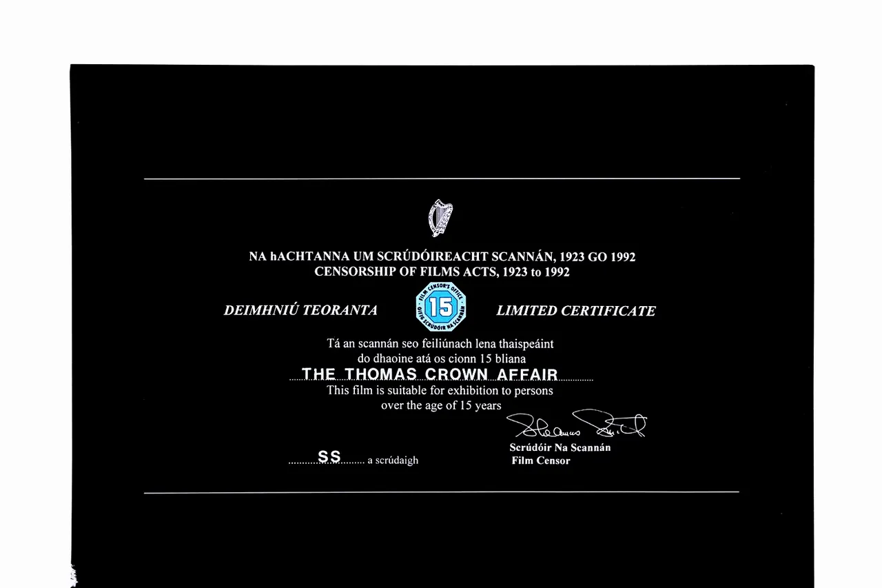 An official document proving the following film has been passed for viewing by the Irish Film Censor's Office.