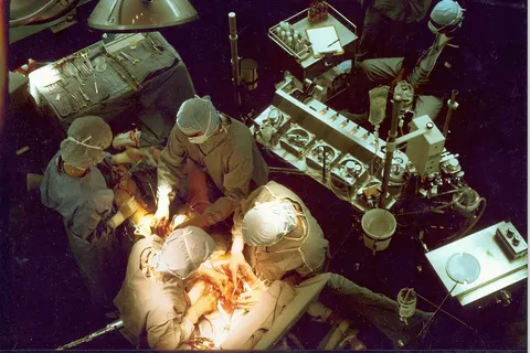 Heart-lung machine in a cardiac surgery.