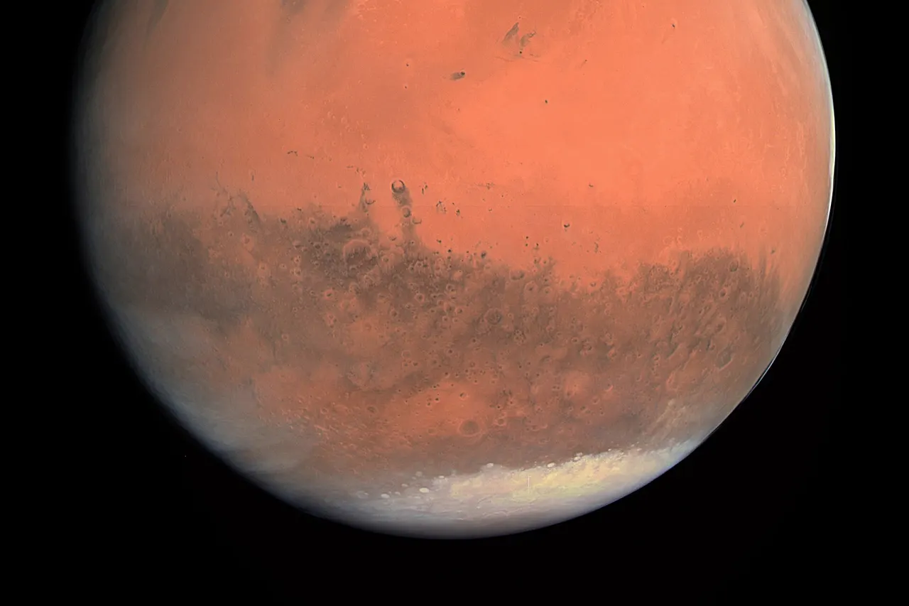 True color image of Mars taken by the OSIRIS instrument on the ESA Rosetta spacecraft during its February 2007 flyby of the planet. The image was generated using the OSIRIS orange (red), green, and blue filters. Alternative description: The first true-colour image generated using the OSIRIS orange (red), green and blue colour filters. The image was acquired on 24 February 2007 at 19:28 CET from a distance of about 240 000 km; image resolution is about 5 km/pixel.