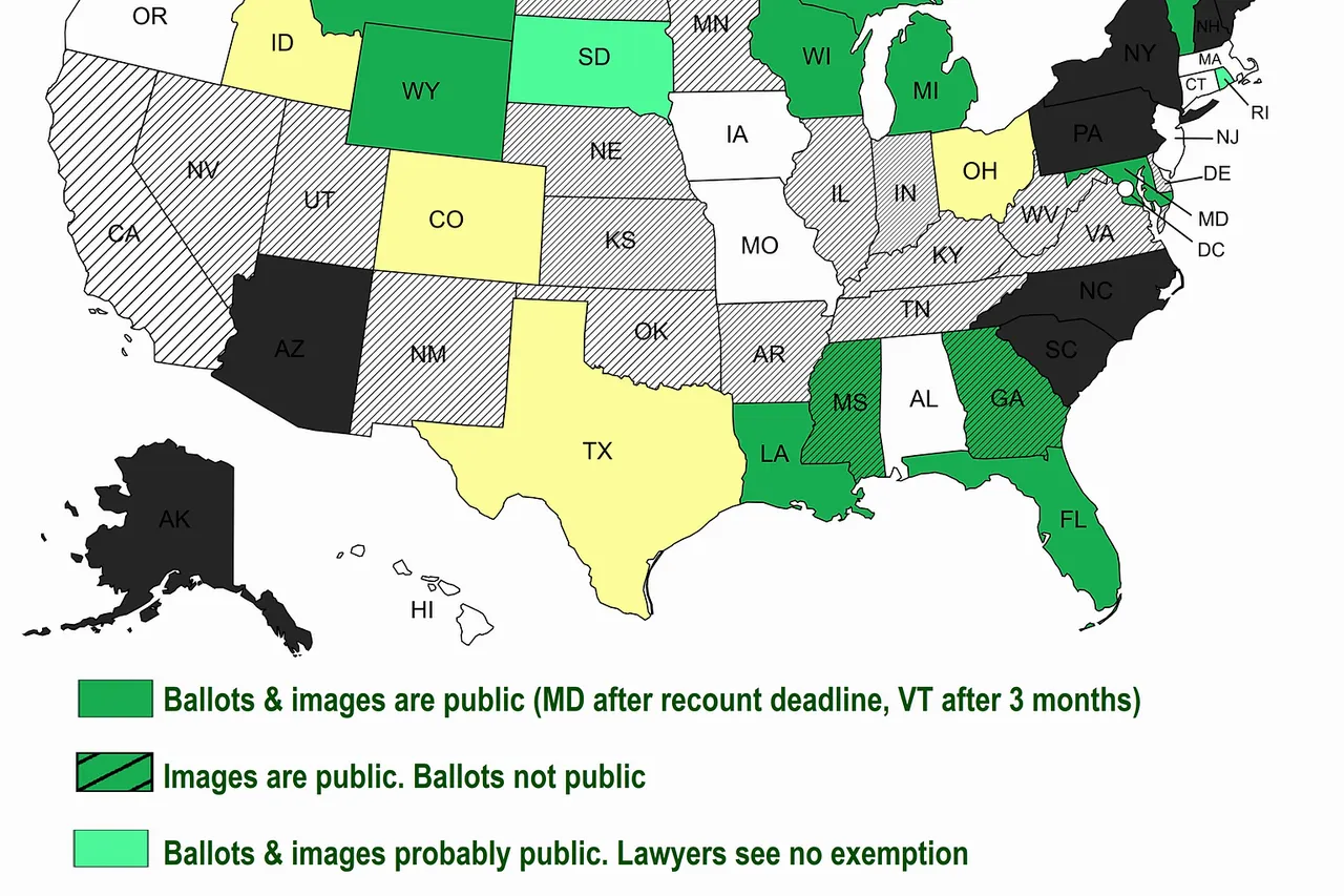This map compiles information from lawyers writing in 2019-2020 for the Reporters Committee for Freedom of the Press (RCFP), a 2007 survey by the National Association of Secretaries of State (NASS), court opinions, and news articles. The table shows information available for each state. The map does not address public access or observation during a recount, since state rules are unclear and variable, and that access is not available to most members of the public. The table has information where available. See other maps for preservation of ballot images and election audits . Created with tools from http://Mapchart.net If you know more information, please add it to the table or the Discussion page, with sources.