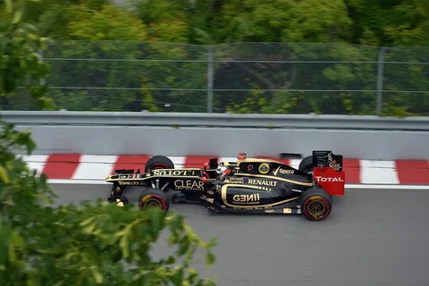Kimi Raikkonen in the Lotus - Renault E20 pulls away from turn 9 at Circuit Gilles Villeneuve during first practice for the 2012 Canadian Grand Prix