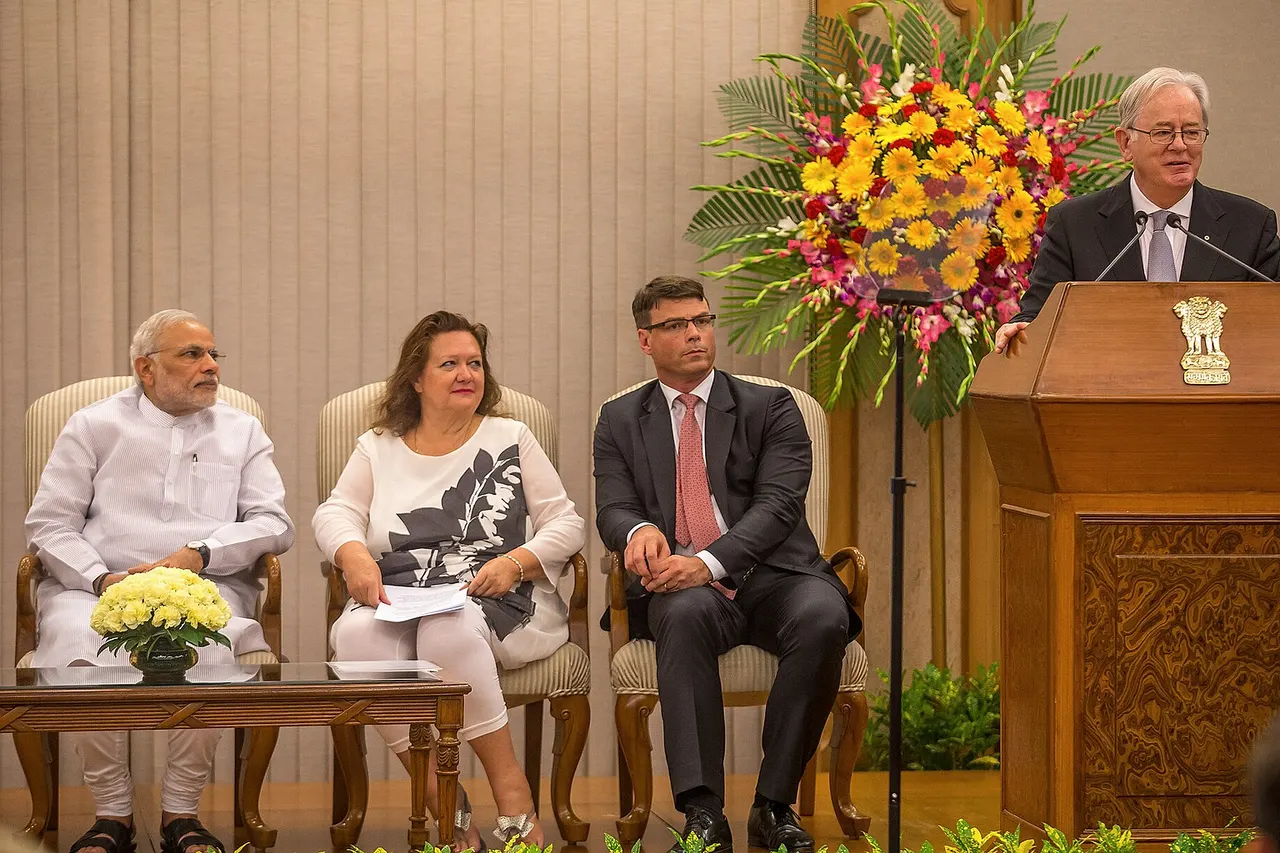 Minister for Trade and Investment Andrew Robb joins Indian Prime Minister Narendra Modi and Australia’s high commissioner in India Patrick Suckling at Gina Rinehart’s book launch.