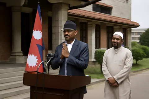 Grounded editorial scene illustrating Following deadly unrest between Hindu and Muslim communities in southern Nepal, Prime Minister Balendra Shah urges peace and unity in his first major public address since taking office.
