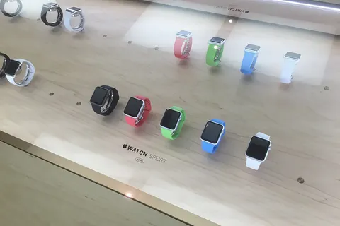 The 2015 introductional model of the Apple Watch Sport on display in the Apple Store in Dresden, Germany