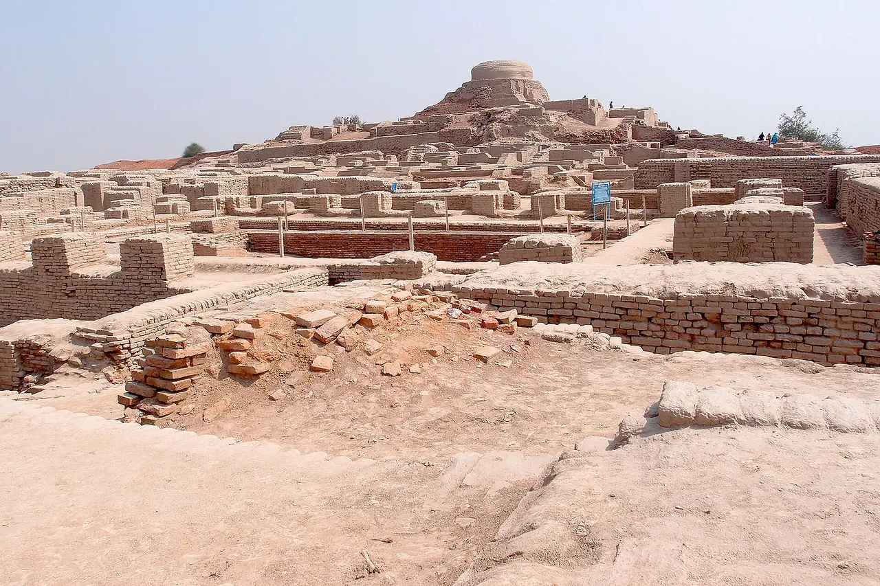 A view of the Buddhist stupa in the background located in the higher settlement to the west, generally referred to as the citadel mound, and it is mostly comprised of the ruins of ancient administrative buildings constructed on top of a massive mud-brick platform.