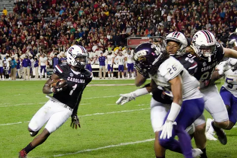 Gamecocks wide receiver Deebo Samuels cuts back up field as he rushes for his first rushing touchdown of the game Nov. 19. The University of South Carolina Gamecocks won the game 44-31. The game was part of the school Military Appreciation Day event that included highlights from Fort Jackson's 100 years of service. (U.S. Army photo by Robert Timmons/IMCOM) (Released) Unit: Fort Jackson Public Affairs Office DVIDS Tags: Fort Jackson; IMCOM; TRADOC; University of South Carolina