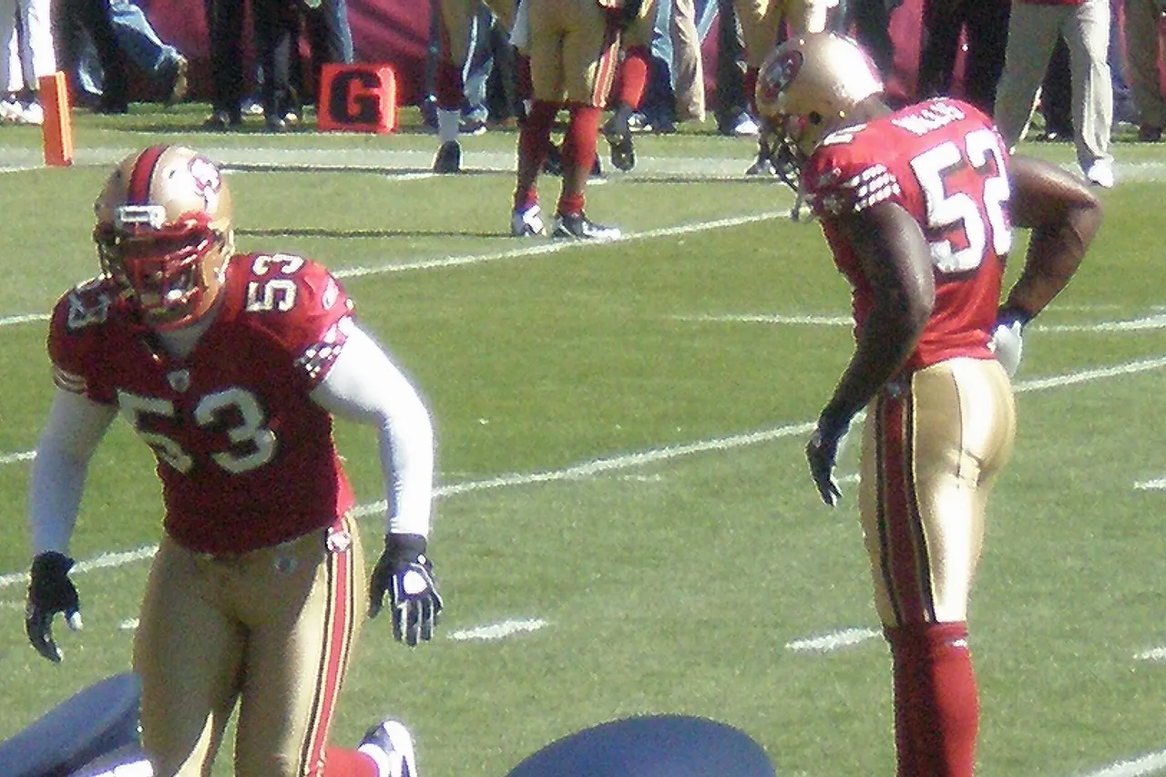 San Francisco 49ers linebackers Jeff Ulbrich (#53) and Patrick Willis (#52) on Bill Walsh Field at Candlestick Park prior to a regular season game against the Philadelphia Eagles. The Eagles won 40-26.