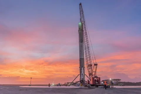 First stage of a Falcon 9 Full Thrust rocket on Landing Zone 1 (LZ-1). The stage landed successfully after launching 11 Orbcomm OG-2 telecommunication satellites to Low Earth orbit.