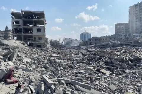 Damage to residential buildings in the Rimal neighborhood of Gaza City, caused by an Israeli airstrike on October 9, 2023.