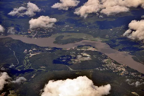Aerial view of West Point (at center) in Orange County, New York and Cold Spring (at left) in Putnam County, New York on the Hudson River. Highland Falls at right, in Orange County.
