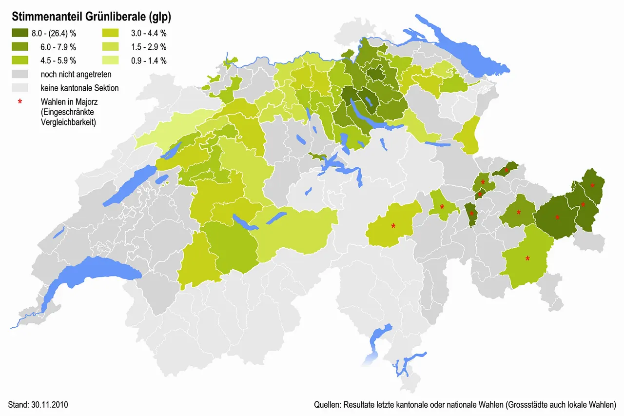 Geographical overview on the votes share of the Green Liberal Party in the districts.