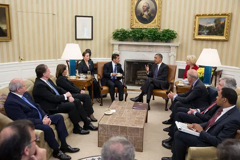 President Ollanta Humala of Peru and President Barack Obama of the United States meet in the Oval Office of the White House on 11 June 2013.