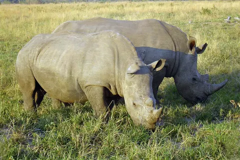 A photo taken of Rhinoceros eating in a national park in South Africa.