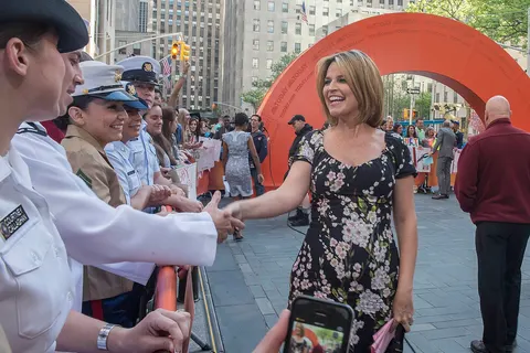 140520-N-ZZ999-013 NEW YORK (May 20, 2014) -- Savannah Guthrie from NBC's “The Today Show” shakes hands with U.S. Navy, U.S. Marine Corps and U.S. Coast Guard service members who were invited to view the show's filming in honor of Fleet Week New York. Fleet Week New York, now in its 26th year, is the city's time-honored celebration of the Sea Services. The weeklong celebration is an unparalleled opportunity for the citizens of New York and the surrounding tri-state area to meet Sailors, Marines and Coast Guardsmen, as well as witness firsthand the latest capabilities of today's maritime services. (U.S. Navy photo by Naval Aircrewman Mechanical 3rd Class Michelle Marzec/Released)