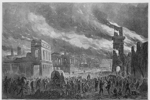 The burning of Columbia, South Carolina, February 17, 1865, at the end of the Civil War.