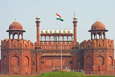 Red Fort - Closer view of the top part of the gate above the Meena Bazaar. Delhi, India
