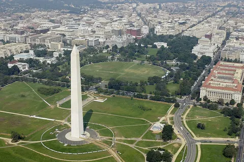 Washington, D.C. (Sept. 26, 2003) - Aerial view of the Washington Monument with the White House in the background.