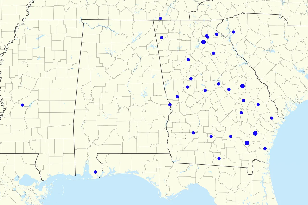 Map of the Atlanta Falcons radio affiliates in Georgia and nearby states.