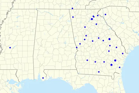 Map of the Atlanta Falcons radio affiliates in Georgia and nearby states.