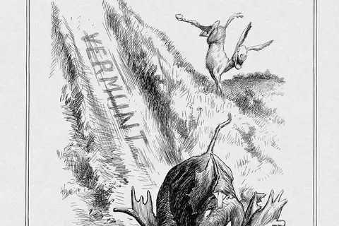“A Little Forecast of Coming Events” Cartoonist: Edward Windsor Kemble Source: Harper's Weekly Date: September 14, 1912, p. 9 In early September, supporters of Woodrow Wilson interpreted results of the Vermont state election as evidence that the Democratic nominee would win the presidential election in early November. Harper’s Weekly editor George Harvey declared categorically, “Vermont spells Democratic victory.” This E. W. Kemble cartoon appeared in the same issue as Harvey’s analysis of the early state election. The Republican Elephant and Progressive Bull Moose have slid in a jumble to the bottom of the hill to the glee of the high-kicking Democratic Donkey. The Democratic Party did not actually win the Vermont state election, but the state was so thoroughly Republican that the GOP’s smaller than usual plurality was read as an indication of a general national trend away from the Republican Party in 1912. In the 1908 Vermont state election, Republicans polled about 30,000 and Democrats 16,000; however, in 1912, Republicans received just over 26,000 to Democrats’ 20,000, and Progressives’ 16,000. The Democratic total was the largest ever recorded in the state to that date. In November 1912, as predicted, Wilson won the national election, while Vermont was one of only two states that Republican William Howard Taft carried (the other was Utah). The results of the presidential vote in Vermont were: Taft, 37%; Progressive Theodore Roosevelt, 35%; Wilson, 24.5%, and less than 2% for Prohibitionist Eugene Chafin and Socialist Eugene Debs.