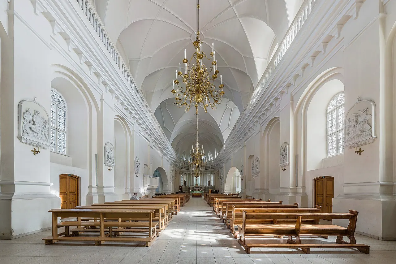 The interior of Šiauliai Cathedral looking east in Šiauliai, Lithuania.