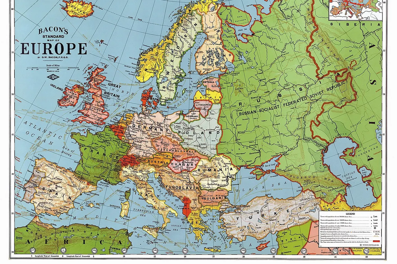 Bacon's standard map of Europe, 1923. Relief shown by hachures and spot heights. Shows steamship routes and time zones. Published by Weber Costello Co., 84 x 111 cm. Scale 1:5,500,000 (W 52°--E 80°/N 60°--N 30°).