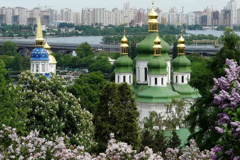 Vydubychi Monastery : Saint George Cathedral (1696-1701) and bell tower (1727-1733), Kiev, Ukraine