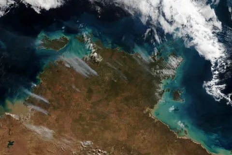 Clear skies over Australia on July 16, 2019, gave the NOAA-20 polar-orbiting satellite an unobstructed view of smoke plumes from bushfires across the Northern Territory. The bushfire season started early across parts of northern Australia, which experts with the Bushfire and Natural Hazards Cooperative Research Centre attribute to record warmth and below-average rainfall.
