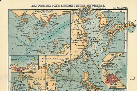 Page 19, South China Sea, Inset maps of Singapore strait, Jokohama, Batavia, Sunda Strait