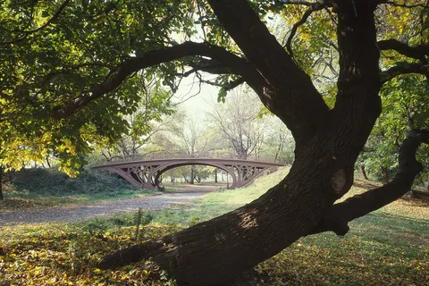 Central Park Bridges (view from Bridlepath looking southwest), Gothic Arch, Spanning bridlepath south of tennis courts, north of reservoir, New York City, New York County, NY