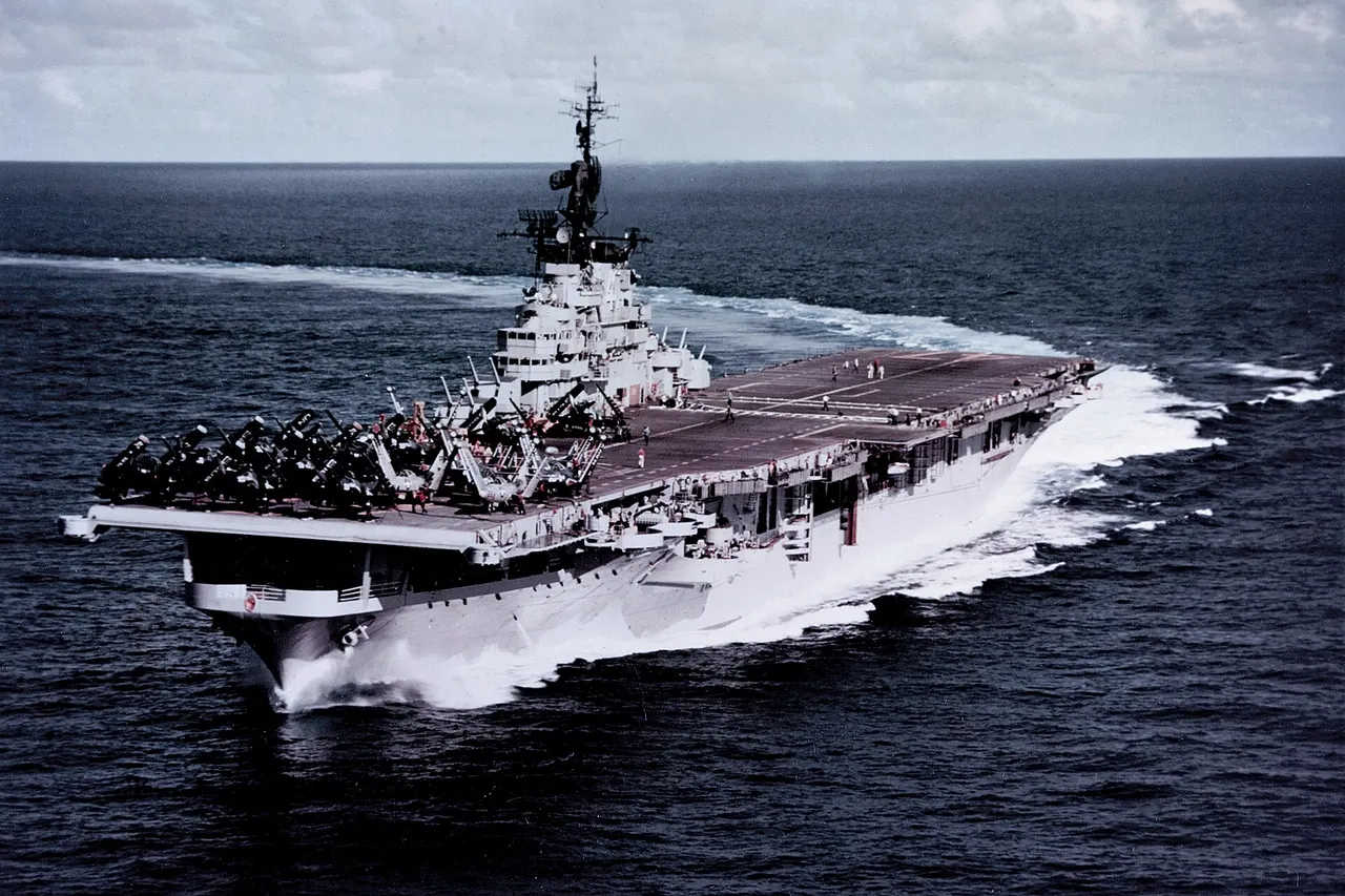 The U.S. Navy aircraft carrier USS Philippine Sea (CVA-47) makes a sharp turn to starboard, while steaming in the Western Pacific with the U.S. Seventh Fleet, 9 July 1955. Philippine Sea , with assigned Air Task Group 2 (ATG-2), was deployed to the Western Pacific from 1 April to 23 November 1955.