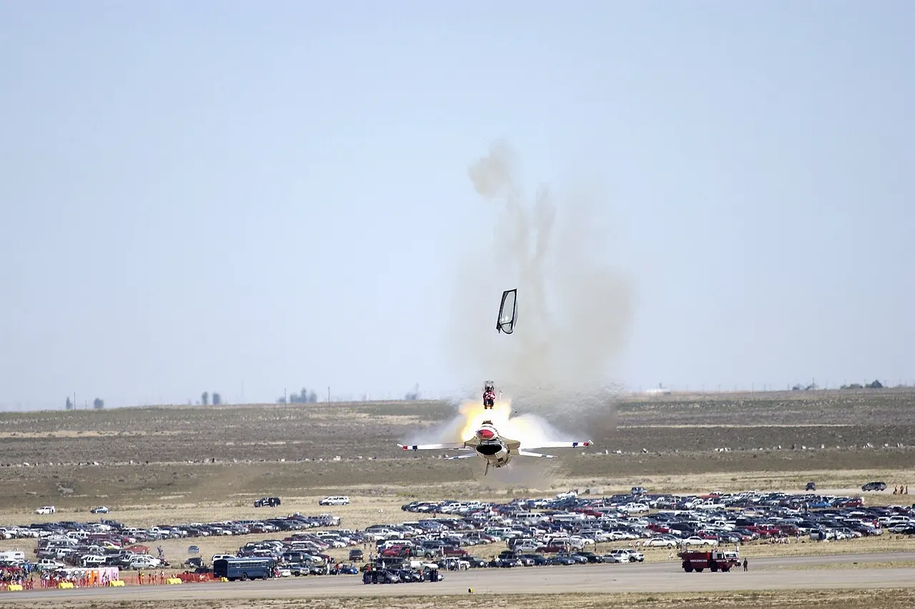 Mountain Home Air Force Base, Idaho — Capt. Christopher Stricklin ejects from the USAF Thunderbirds number six aircraft less than a second before it impacted the ground at an air show at Mountain Home Air Force Base, Idaho, Sept. 14. Stricklin, who was not injured, ejected after both guiding the jet away from the crowd of more than 60,000 people and ensuring he couldn't save the aircraft. This was only the second crash since the Air Force began using F-16 Falcons for its demonstration team in 1982. The ACES II ejection seat performed flawlessly. (U.S. Air Force photo by Staff Sgt. Bennie J. Davis III)