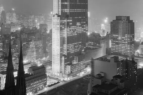 " New York City views. Rockefeller Center and RCA Building from 515 Madison Ave . In 2004, the Library contracted with Chicago Albumen Works to preserve this deteriorating acetate negative by removing and relaxing the emulsion layer (the pellicle) and producing duplicate negatives and digital files." This image is a digital file from 5×7" pellicle acetate negative .