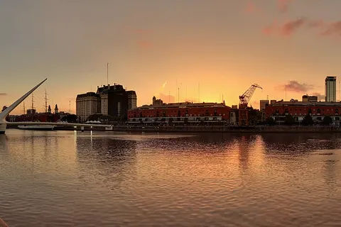 Panorama of Buenos Aires ' Puerto Madero district at sunset, one of the most successful recent waterfront renewal projects in the world.