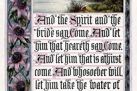 Kronheim's Baxter process illustration of Revelation 22:17 (King James' Version), from page 366 of the 1880 omnibus printing of The Sunday at Home . Scanned at 800 dpi. The greyish border around the flowers is a metallic silver ink, however, shininess cannot be reproduced in an electronic medium.