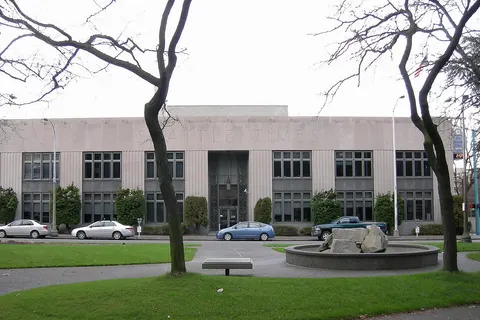 The Seattle Times Building, 1120 John St. (corner of Fairview Ave. N.) in the Cascade neighborhood of Seattle, Washington, USA. The building is an official Seattle landmark.