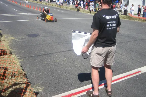 Gordon Campbell racing in a Kitsilano, British Columbia soap box derby.